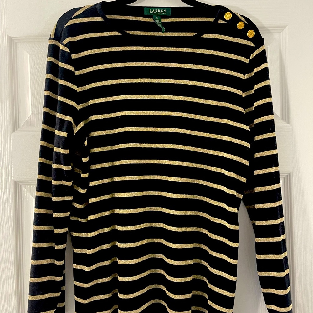 Metallic gold and black striped boatneck shirt by Ralph Lauren